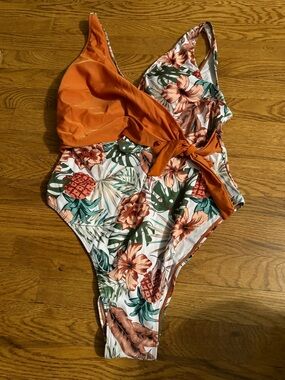 Tropical Floral One-Piece Swimsuit with Orange Tie